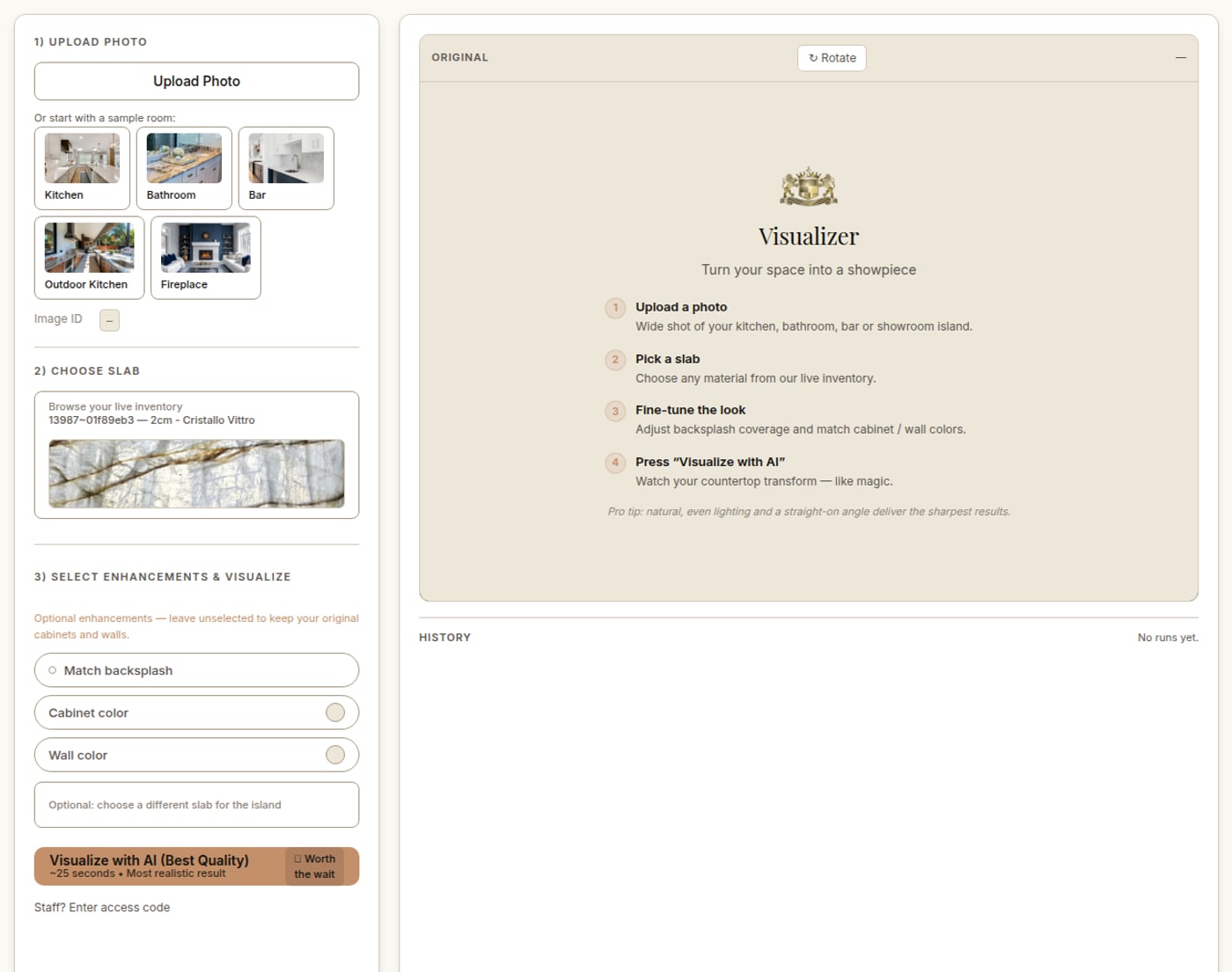 The CRS Visualizer: upload a room photo, choose a slab from live inventory, and preview it rendered in place